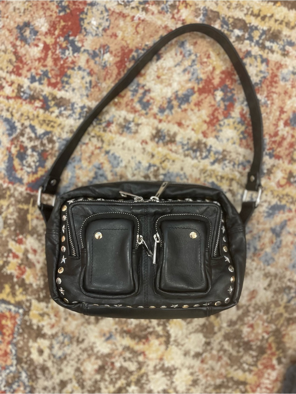 Black Nunoo Studded Leather Messenger Bag - Classic Rock Chic